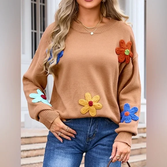 Crochet Flower Round Neck Sweater - Picture 5 of 6